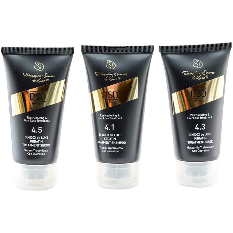 DSD SIMONE DE LUXE KERATIN TRAVEL SET 
4.1 + 4.3 + 4.5 Travel szett keratinnal a hajhoz. Megújító sampon, szérum és keratinos maszk. Luxus haj minden lépésben és minden utazás során.