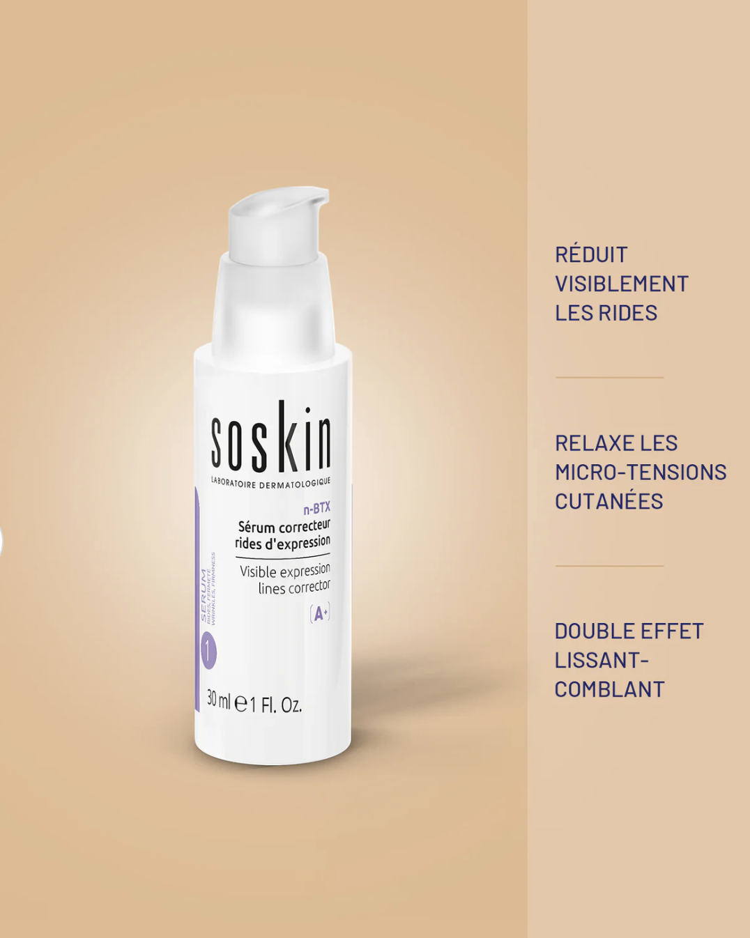 SOSKIN N-BTX VISIBLE EXPRESSION LINES CORRECTOR 
Szérum mimikai ráncok ellen 30 ml.