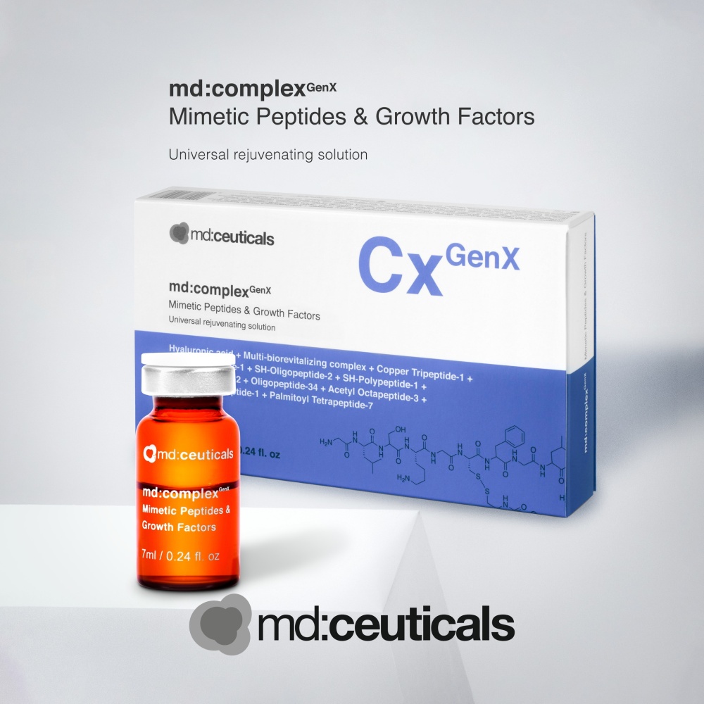 MD:CEUTICALS md:COMPLEX GENX MIMETIC PEPTIDES & GROWNH FACTOR 
Mezoterápiás koktél növekedési faktorokkal és peptidekkel. Fiatalít, és a bőrt a DNS szintjén, egészen sejtszintig újraindítja.