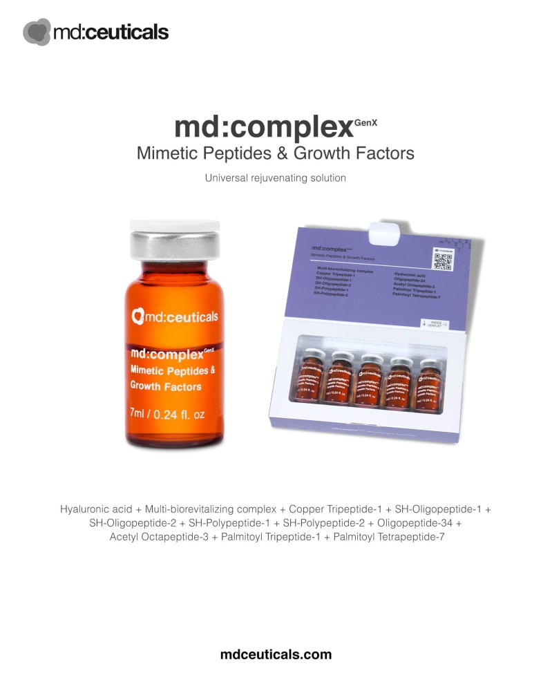 MD:CEUTICALS md:COMPLEX GENX MIMETIC PEPTIDES & GROWNH FACTOR 
Mezoterápiás koktél növekedési faktorokkal és peptidekkel. Fiatalít, és a bőrt a DNS szintjén, egészen sejtszintig újraindítja.