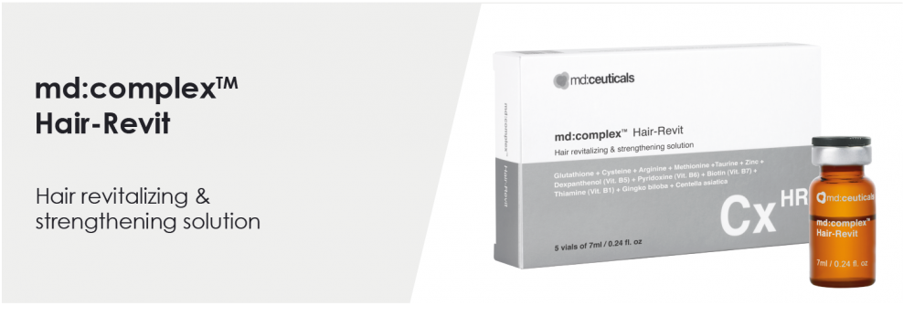 MD:CEUTICALS md:COMPLEX HAIR REVIT 
Mezoterápia a hajra. Hatékony kezelés a haj növekedésére, erejére és sűrűségére.